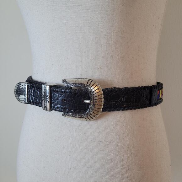 Gammon Shire Belt Med Black Leather Multicolor Beaded Western Boho Southwestern